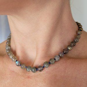 Choker Gemstone Necklace Labradorite & Hematite Knotted Silk Rocktula NWT